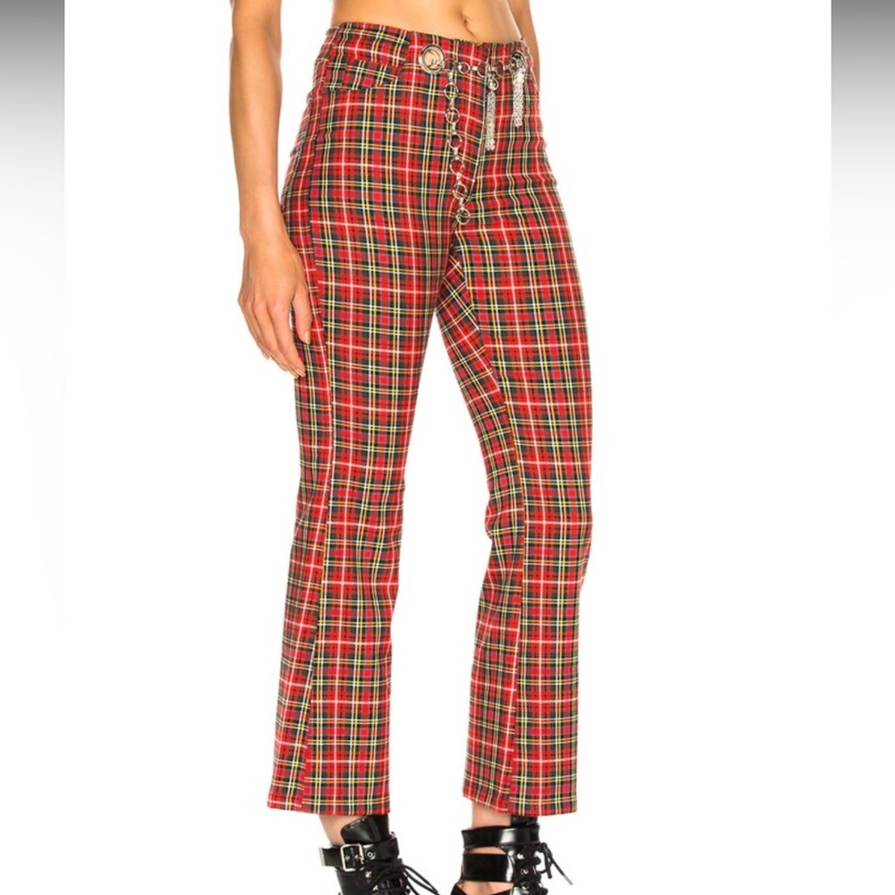 Miaou Morgan Red Tartan Plaid High Rise Cropped Flare Pant W Chain Belt Size 25 - Picture 7 of 9